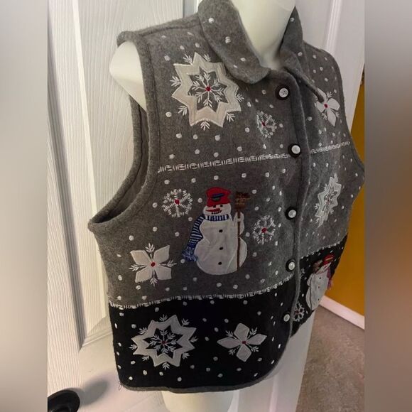 Vintage Women's gray snowman / holiday wool vest (Christmas) size XL - Picture 4 of 5